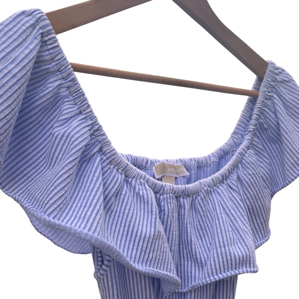 Michael Kors Dress Womens Medium Blue Seersucker Striped Off Shoulder Excellent - Picture 2 of 12